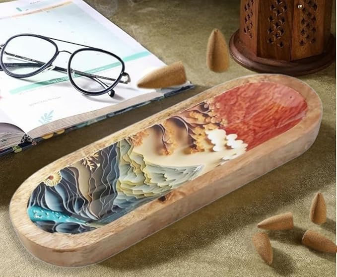 Bless-International Traditional-Handmade-Tray-Burner Wooden-Trat-Incense-Stick-Holder Ash-Catcher-Stand for-Aromatherapy-Meditation-Yoga (Beautiful Mountains, 11x4x1.22 Inches) - Bloomnest