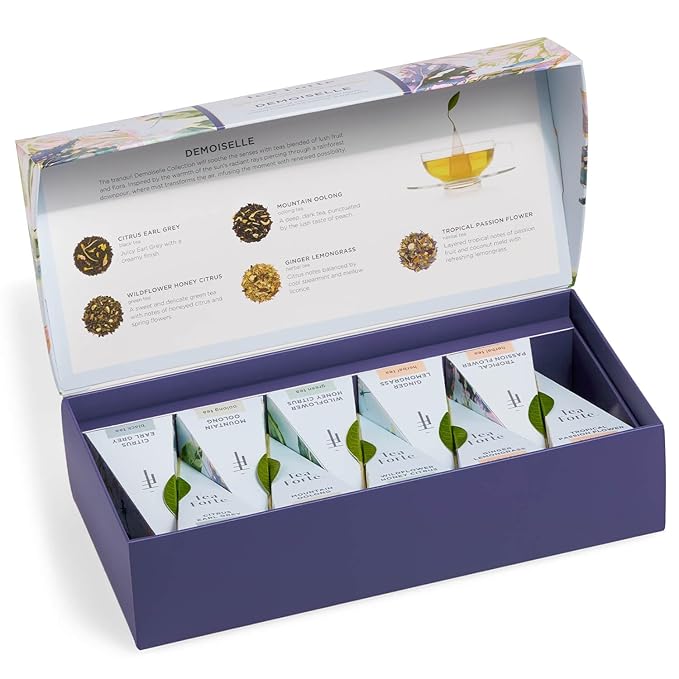 Tea Forte Demoiselle Petite Presentation Box Tea Gift Set Sampler, 10 Count, 2 of Each Variety Individually Wrapped Handcrafted Pyramid Infuser Bags - Bloomnest