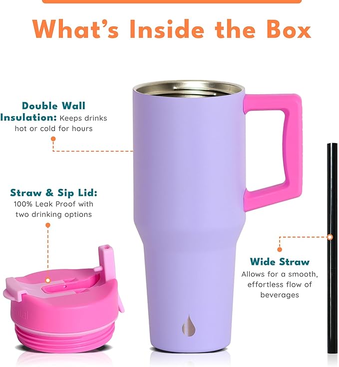 Elemental 32 oz 100% Leak Proof Tumbler with Handle & Straw - Stainless Steel Double Wall Insulated Tumbler for Hot and Cold Beverages - Travel Coffee Mug with Sip & Straw Lid - Lilac Tie Dye - Bloomnest