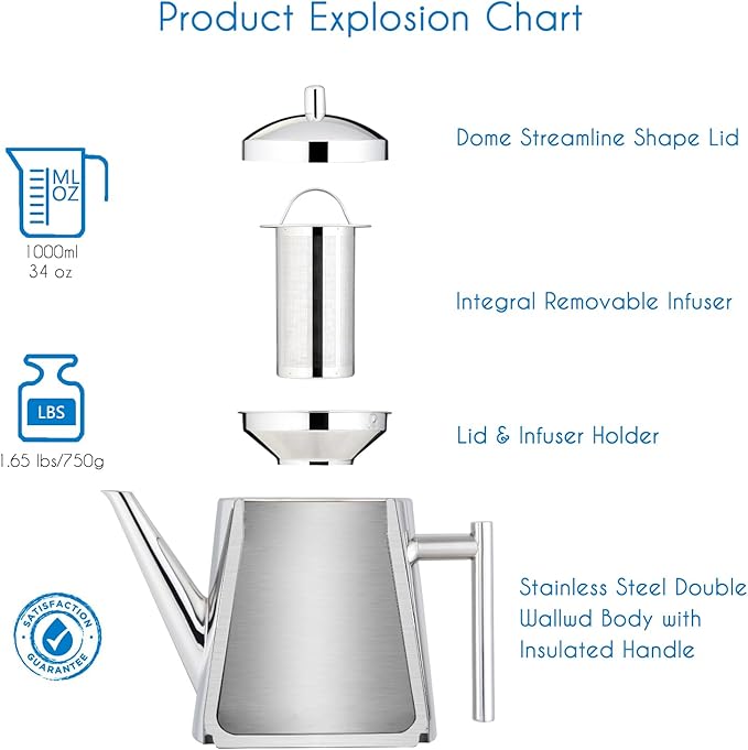 Easyworkz Stainless Steel Double Wall 34 oz Tea Pot with Removable Tea Infuser, Perfect for Brewing Your Favorite Tea, Chrome - Bloomnest