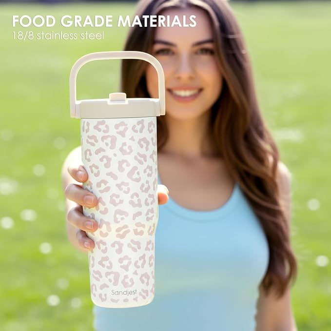 SANDJEST Leopard Skin Stainless Steel Straw Lid Tumbler 30oz with Carry Handle for Women Girls, Insulated Travel Coffee Cup, Gift for Sports Outdoor Workout Christmas Birthday (Beige) - Bloomnest
