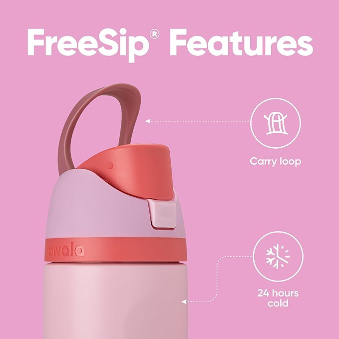 Owala FreeSip Insulated Stainless Steel Water Bottle with Straw for Sports and Travel, BPA-Free Sports Water Bottle, 24 oz, Pink, Angel Food Cake Owala