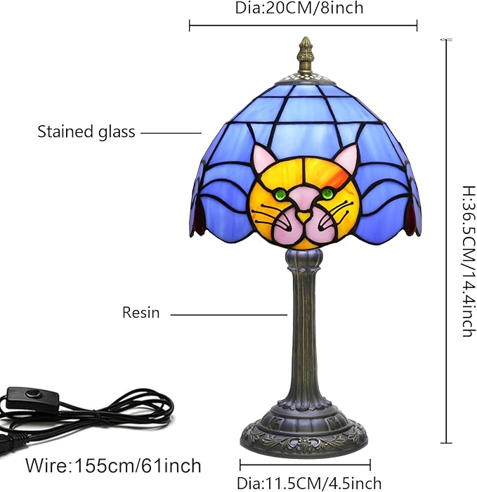 Tiffany Lamp Cat Stained Glass Table Lamp 8 Inch Orange Warm Ambient Lighting Bedroom Small Nightstand Dorm Cafe Office Corner Vintage Home Decoration Tiffany Style Table Lamp Blue cute Cat Lamp - Bloomnest