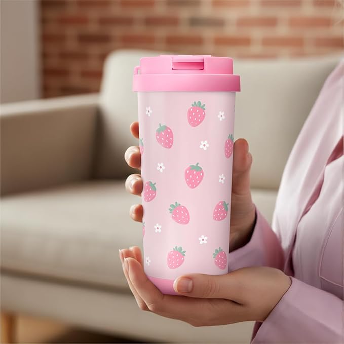 Strawberry Tumbler - Stainless Steel 2-in-1 Lid Coffee Tumbler 18 oz, Insulated Travel Mug Gift for Women Girls Teen Mother, Birthday Christmas - Bloomnest