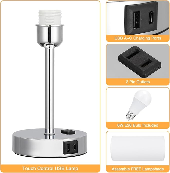 17.4Inch Bedside Touch Table Lamps for Bedroom - Tall Nightstand Lamp with USB-C USB-A Charging Ports White - 3 Way Dimmable Small Desk Lamp for Office, Dorm Room, Living Room, Reading - Bloomnest