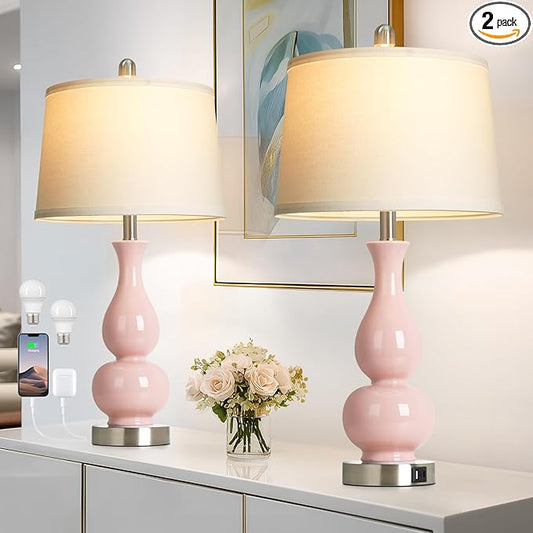 27" Pink Double Gourd Ceramic Lamps for Bedroom, Modern Ceramic Living Room Lamp with USB A+C Ports, Cute Bedside Table Lamps Set of 2, Tall Lamp for Night Stand Side End Table Home Decor - Bloomnest