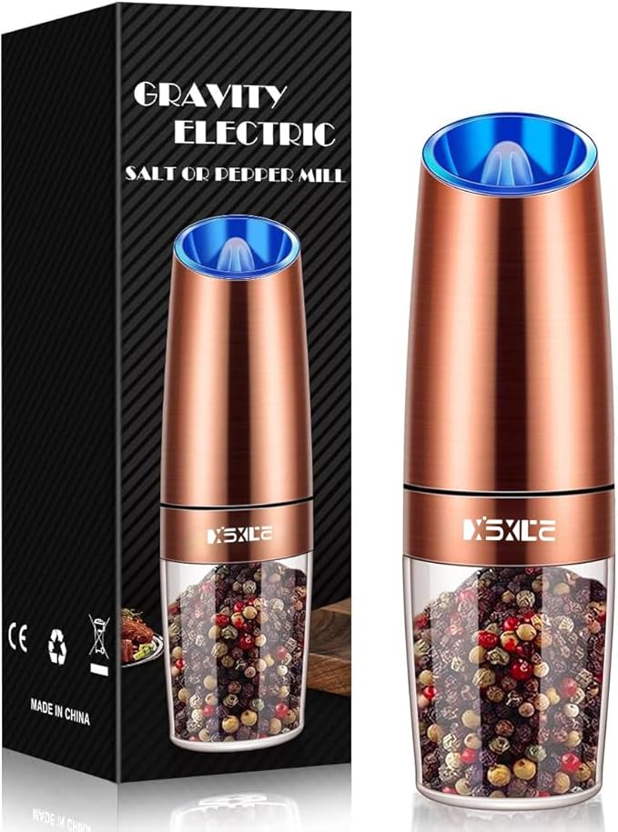 XinXu Gravity Electric Pepper/Salt Grinder, Salt or Pepper Mill, Adjustable Coarseness, Battery Powered with LED Light, One Hand Automatic Operation (Single/Copper) - Bloomnest