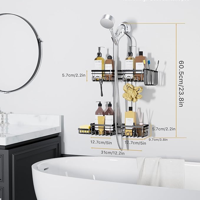 KEGII Shower Caddy Hanging for Handheld Showerheads, Rustproof Hanging Shower Organizer with Soap Dish, Toothbrush Holder and Hooks, Over Showerhead Caddy for Bathroom - Bloomnest