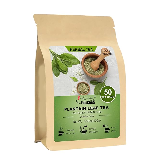 FullChea - Plantain Leaf Tea, 50 Teabags, 2g/bag - Whole Plantain Leaves - Plantago Major Herbal Tea - Non-GMO - Caffeine-free - Support Respiratory Health & Boost Immunity - Bloomnest