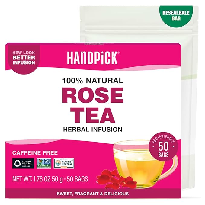 HANDPICK, Rose Buds Herbal Tea Bags - 50 Count | Caffeine Free Rose Tea with Chamomile & Tulsi | Floral & Smooth | Round Eco-conscious Tea Bags - Bloomnest