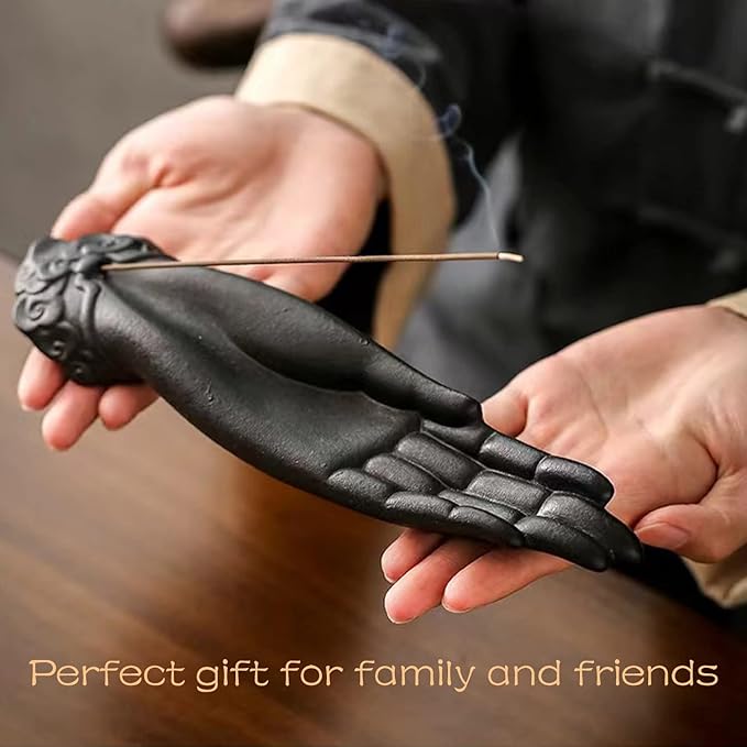 Ceramic Incense Holder for Sticks - Incense Burner Holder Zen Decor with Buddha Hand Design Protection from Evil - 10.2" L X 2.5" W X 1.2" H - Bloomnest