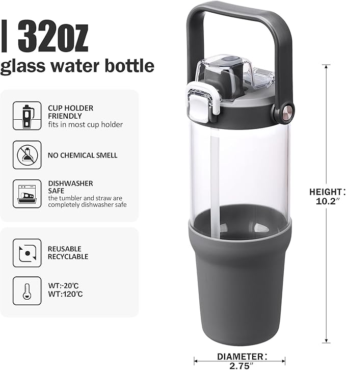 Glass Tumbler with Carry Handle, Clear Glass Water Bottle with Leakproof Lid, Spout Lid&Straw, BPA-Free, 32 oz, Grey - Bloomnest