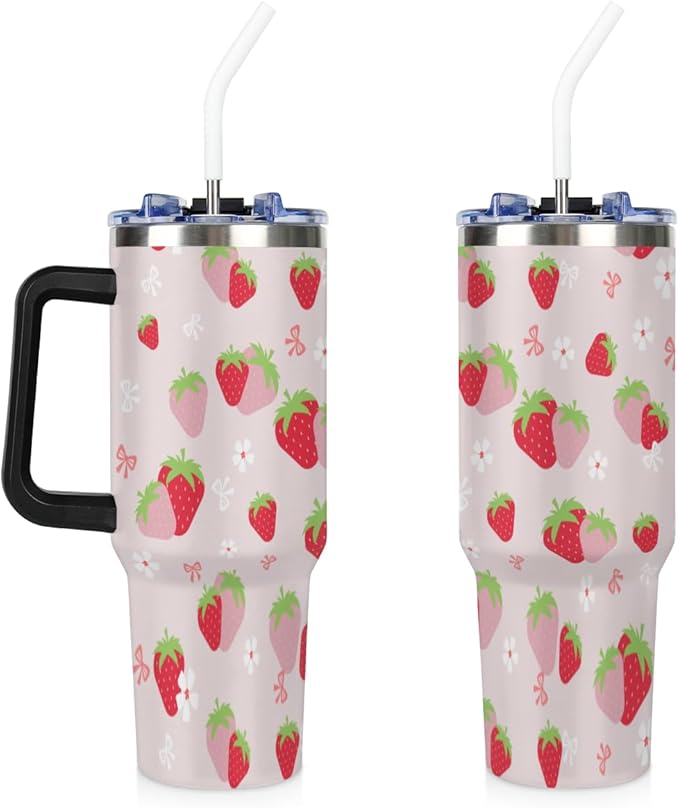 AUUXVA Cute Strawberry Print Thermal Cup for Kids, 40oz Water Bottle with Straw, Stainless Steel Tumbler with Handle, Cup for Cold and Hot Drinks, Adorable Cartoon Fruit Pattern - Bloomnest