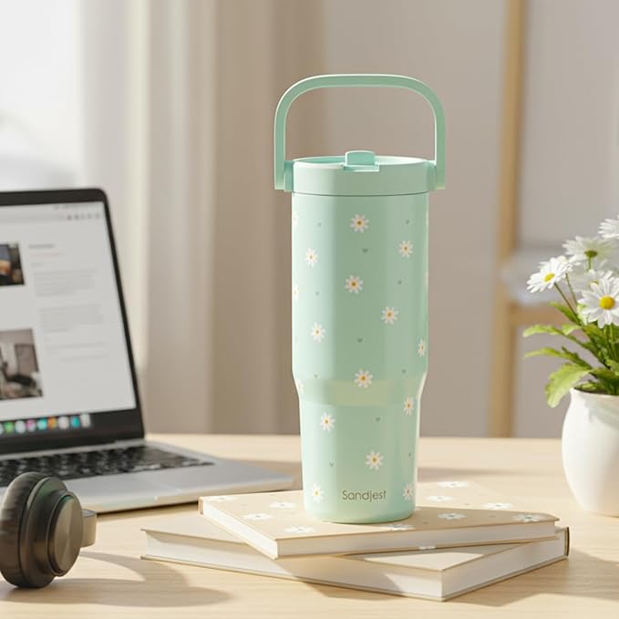 SANDJEST Daisy Stainless Steel Straw Lid Tumbler 30oz with Carry Handle for Women Girls, Insulated Travel Coffee Cup, Gift for Sports Outdoor Workout Christmas Birthday (Mint) - Bloomnest