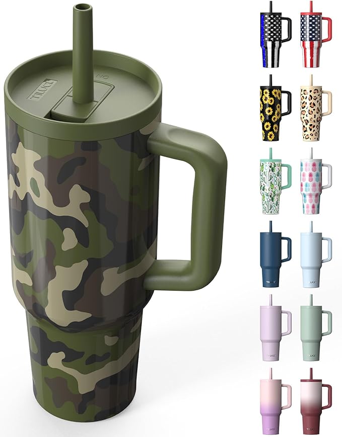 TILUCK 40 oz Tumbler with Handle, Vacuum Insulated Stainless Steel Travel Mug with 100% Leak-Proof Silicone Straw Lid, Cupholder Friendly Water Bottle(Camouflage, 40oz)