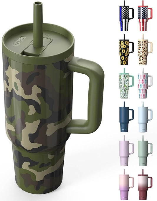 TILUCK 40 oz Tumbler with Handle, Vacuum Insulated Stainless Steel Travel Mug with 100% Leak-Proof Silicone Straw Lid, Cupholder Friendly Water Bottle(Camouflage, 40oz)