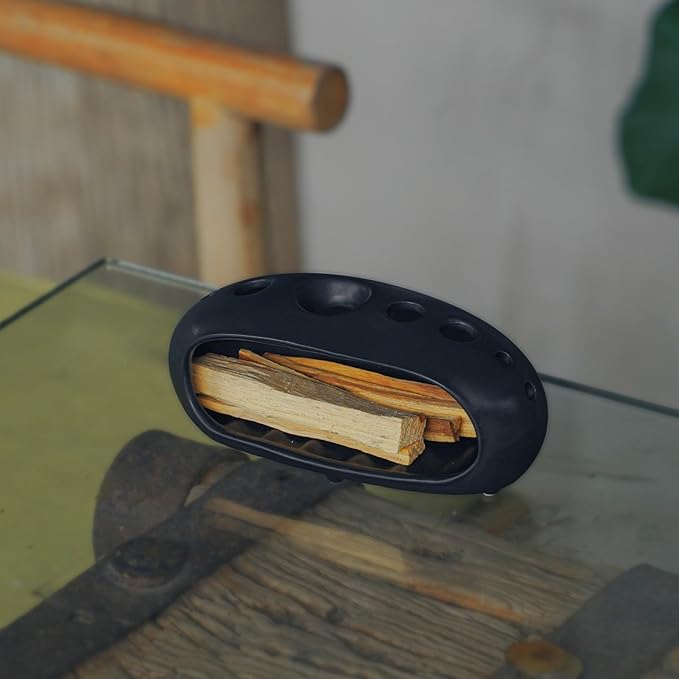 3 in 1 Palo Santo Holder for Sage Bundles Cone Incense, Handcrafted Ceramic Incense Burner Holder Ash Catcher with Chimney, Smudge Bowl for Yoga Meditation Home Decor (Multi - Porous Black) GRAMSTORMAX