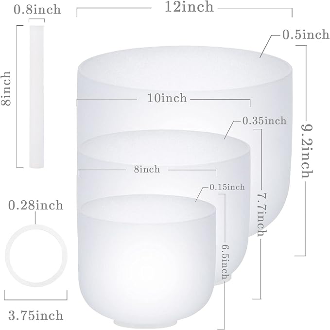 SOLSHINE 3PCS 8inch 10inch 12inch Crystal Singing Bowl Set 432Hz,Ｃ F B Chakra Tuned with Sounds Bowl Mallet Suede Strikers and O-rings, Carry Bag for Meditation, Yoga, Spiritual, Body Healing - Bloomnest