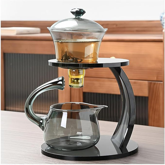 Magnetic Glass Tea Pot Semi Automatic lazy Kungfu Drip TeaPot Magnetic Rotation Heat Resistant Teapot Magnetic Attraction Water Rotating Cover Bowl Suitable for Home/Office Reception Tea Set
