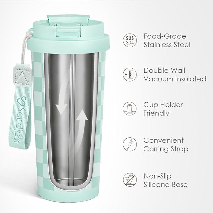 Checkered Tumbler - Stainless Steel 2-in-1 Lid Coffee Tumbler 18 oz, Checker Insulated Travel Mug Gift for Women Girls Teens, Birthday Christmas (Mint) - Bloomnest