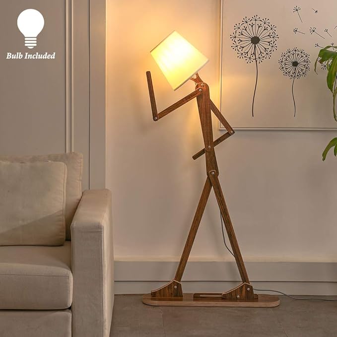Cool Decorative Tall Floor Lamp Wood Swing Arm Standing Corner Reading Lights for Kids Bedroom Living Room Farmhouse - LED Bulb Included (Teak) - Bloomnest