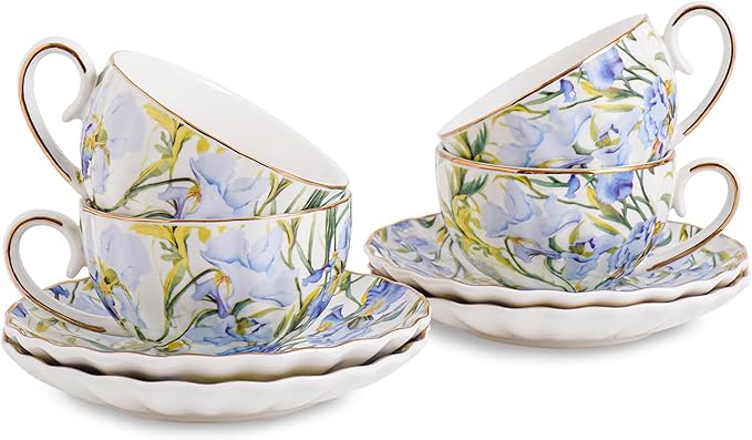 Tea Cup and Saucers, 6.4oz Floral Tea Cups with Gold Trim, Coffee Cappuccino Espresso Latte Mugs for Party Birthday,Christmas Gift (Iris - Blue) - Bloomnest