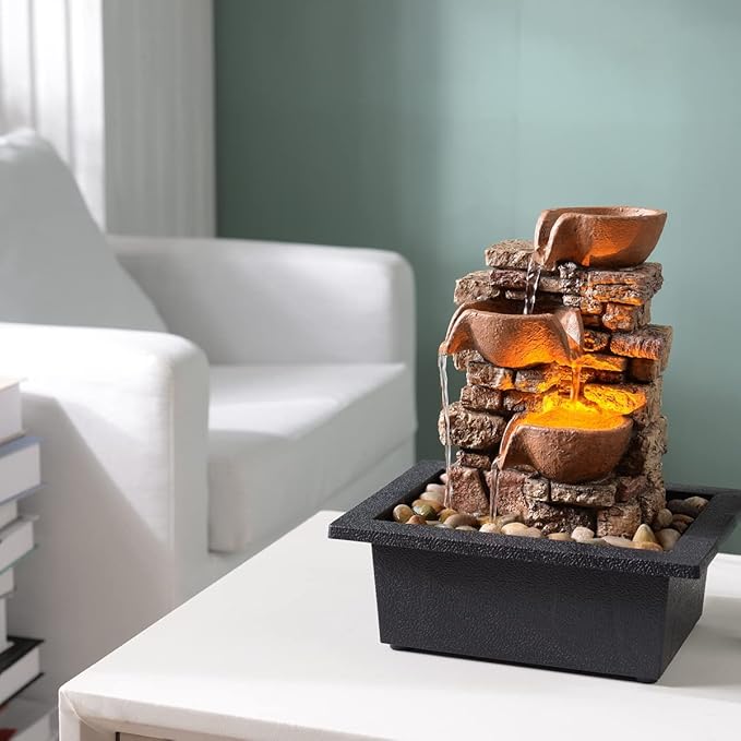 Indoor Tabletop Fountain 3-Tier Rockery Relaxation, Soothing Sound Home/Office/Bed Room Decor,Gifts for Mom/Grandma Relaxing Waterfall Meditation Tabletop Fountain LED Lights - Bloomnest