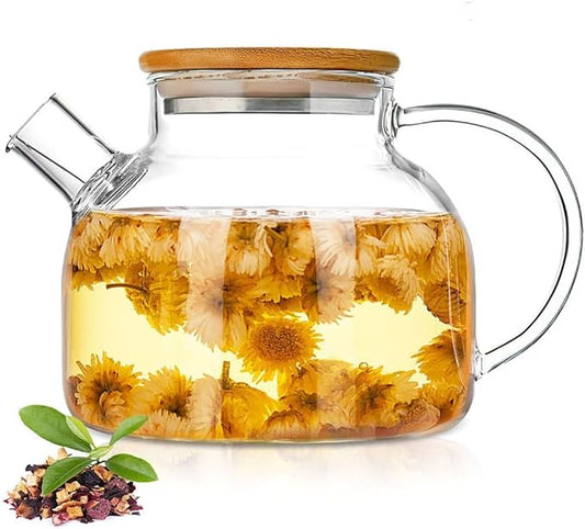 Glass Teapot 34oz/1000ml, Stovetop & Microwave Safe Borosilicate Tea Pot,Clear Teapot with Strainer, Glass Tea Kettle with Wooden Lid for Loose Leaf、Fruit Tea and Fragrant Tea - Bloomnest