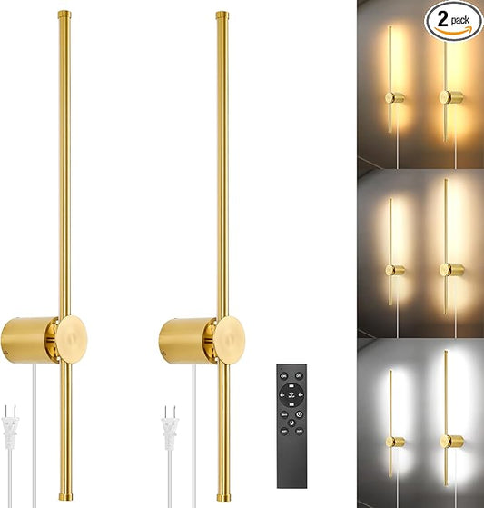 Wall Sconces Set of Two with Remote, Stepless Colors 3000K-6500K & Stepless Dimming, Hardwire or Plug-in, 180° Rotate, LED Gold Plug in Wall Sconces with Timer & Night Light, 23.6 Inches - Bloomnest