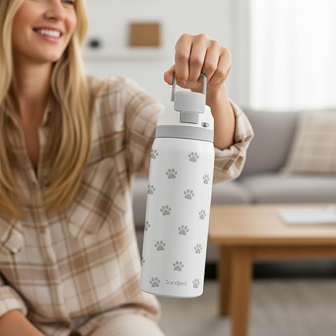 Paw Print Insulated Stainless Steel Water Bottle with Straw for Sports and Travel, 32oz, Gifts for Dog Cat Mom Women Girls Friends Teens Birthday Christmas - Bloomnest