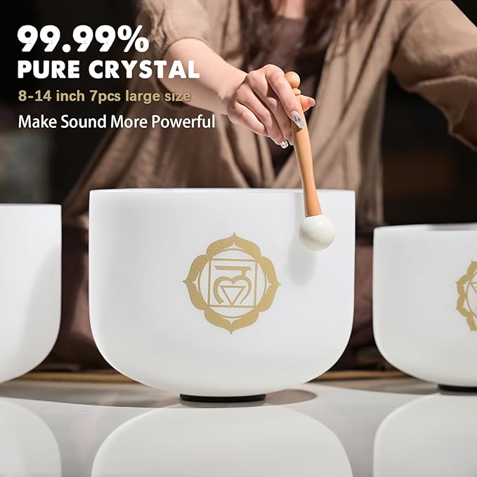 CVNC 432HZ 8-14 Inch Chakra Symbol Design Frosted Quartz Crystal Singing Bowl Set of 7 PCS with Grey Bags for Sound Healing and Meditation - Bloomnest