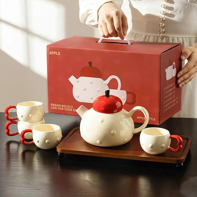 Apple-themed Modern Tea Set, 1 Teapot (28.7oz), 4 Teacups and 1 Tea Tray, Porcelain Tea Set for Adults, Cute Tea Set for Women Tea Party, Gift Package - Bloomnest