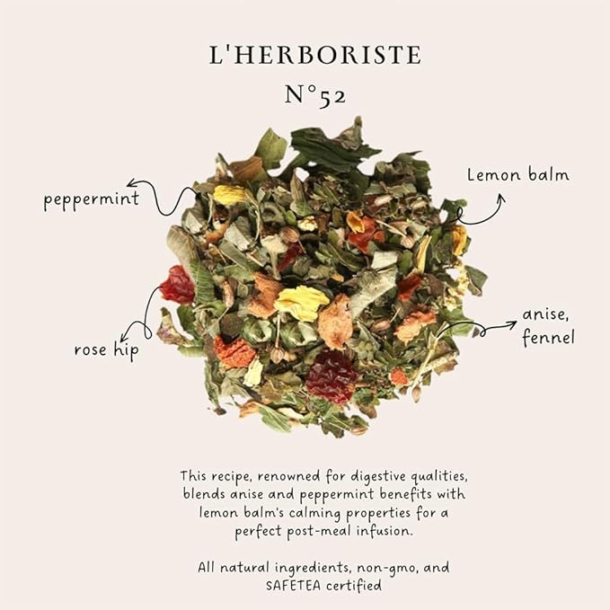 Palais des Thés Caffeine-Free Tea - L'Herboriste N°52 Organic Digestion Herbal Blend with Anise, Peppermint & Lemon Balm - Premium Tea Bags, Serves 20 Cups - Bloomnest