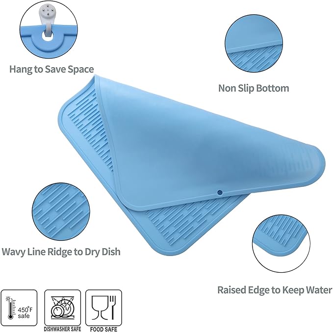Silicone Dish Drying Mat for Multiple Usage,Easy clean,Eco-friendly,Heat-resistant Silicone Mat for Kitchen Counter or Sink,Refrigerator or Drawer Liner Light Blue 2XL 24 inches x 18 inches - Bloomnest