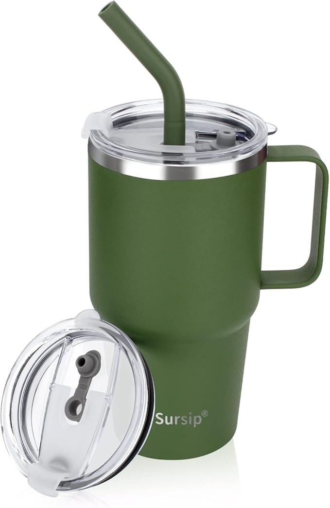 Kids Insulated Tumbler with Handle and Straw, 24 oz Stainless Steel Tumbler for Boys Girls Leak-proof Lid Keep Cold Heat and Ice, Gifts for Children Cups(Olive Green-1 Pack) - Bloomnest