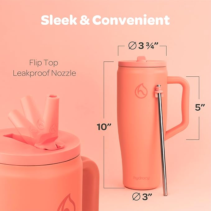 Hydracy 40oz Tumbler with Lid and Straw Stainless Steel Insulated Water Bottle with Handle, Reusable Leakproof Rotatable Lid for Left or Right Hand Use, Cupholder Friendly Rubber Base - Coral Crush - Bloomnest