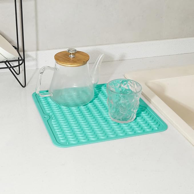 Silicone Dish Drying Mat for Multiple Usage,Easy clean,Eco-friendly,Heat-resistant Silicone Mat for Kitchen Counter or Sink,Refrigerator or Drawer liner Mint M 12 inches x 12 inches - Bloomnest