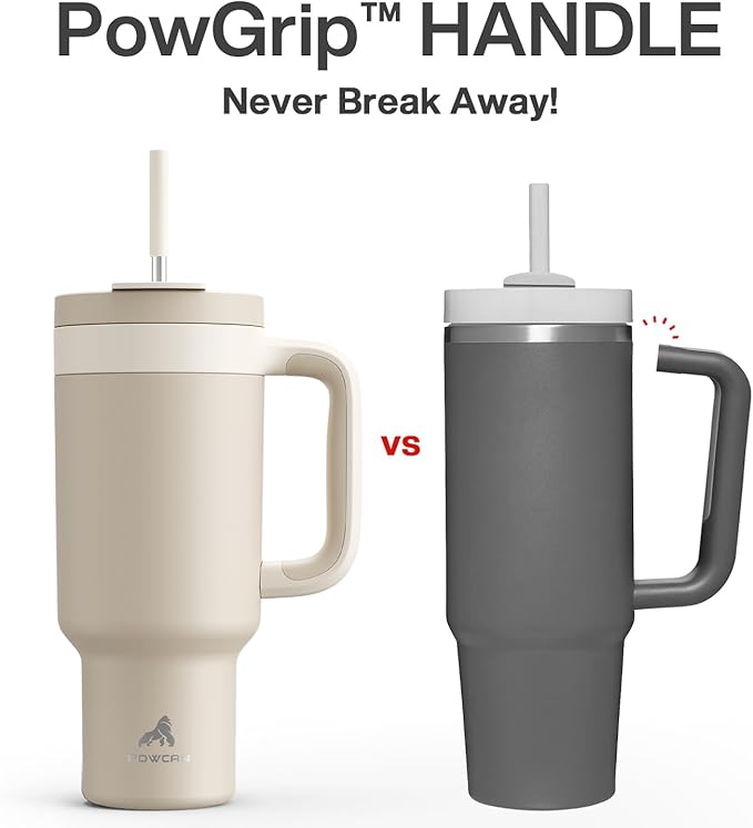 POWCAN 40 oz Tumbler with Handle, 2-in-1 Straw and Sip Lid, Leakproof, Dishwasher Safe, Insulated Stainless Steel Travel Coffee Mug, Keeps Cold for 34 Hours, Fits in Car Cup Holder (Oat) - Bloomnest