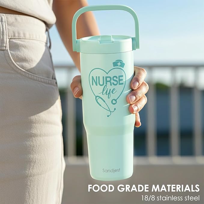 SANDJEST Nurse Life Stainless Steel Straw Lid Tumbler 30oz with Carry Handle for Women Girls, Insulated Travel Coffee Cup, Gift for Sports Outdoor Christmas Birthday Nurses Week Nursing School - Bloomnest