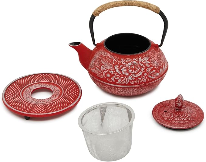 Juvale Japanese Cast Iron Teapot with Infuser - Red, 27 oz (800 ml), 3-Pc Teapot Set - Stovetop Kettle for Loose Leaf Brewing - Removable Stainless Steel Infuser & Trivet Included - Bloomnest