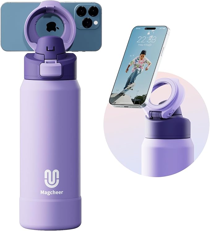 Insulated Magnetic Water Bottle - Reusable Stainless Steel Bottle with MagSafe Compatible Phone Holder - Keeps Cold for 24 Hours - Perfect for Gym, Sports, and Travel - Lavender 32oz Magcheer