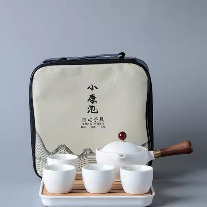 Ceramic Portable Travel Tea Set, Chinese Kungfu Tea Set with 360 Rotation Teapot and Infuser, 4 Tea Cups, Tea Tray And Travel Bag (Pure White)