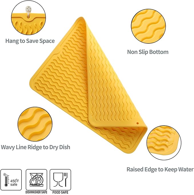 Silicone Dish Drying Mat for Multiple Usage,Easy clean,Eco-friendly,Heat-resistant Silicone Mat for Kitchen Counter or Sink,Refrigerator or drawer liner Yellow L 16 inches x 12 inches - Bloomnest