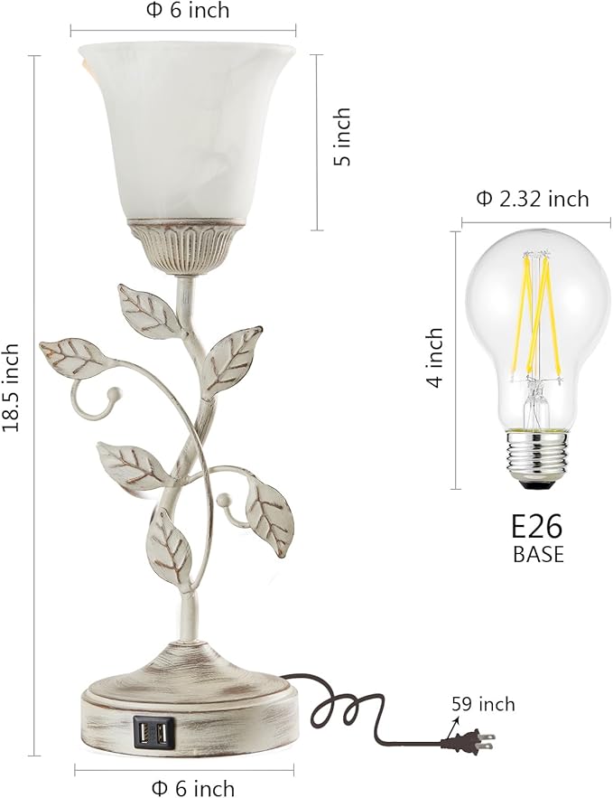 RORIANO Rustic Touch Table Lamp for Bedroom, 3-Way Dimmable Nightstand Lamp with 2 USB Ports, Retro Vintage White Glass Shade Leaf Desk Lamp for Living Room Entryway, LED Bulb Included - Bloomnest
