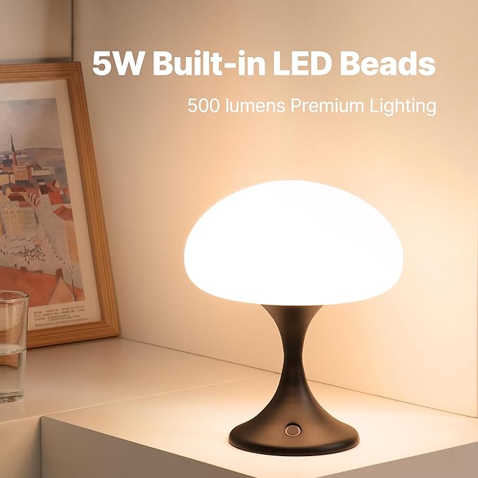 Mushroom Lamp, 5W LED Cordless Rechargeable Table Lamp with Glass Shade, Small Retro Dimmable Touch Light with 3 Color Temps, Aesthetic Mid Century Bedside Light for Bedroom Ambient, Black - Bloomnest