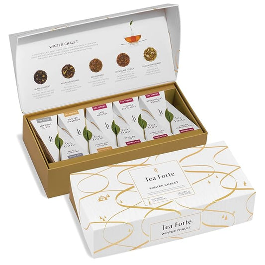 Tea Forte Premium Petite Presentation Box Gift Set Sampler, 10 Count, 2 of Each Blend Individually Wrapped Handcrafted Pyramid Infuser Bags, Winter Chalet