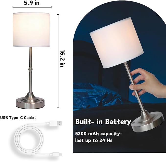 Rechargeable Table Lamp, Cordless Touch Lamps, Portable Desk Light with Stepless Dimmable Brightness & Fabric Shade for Nightstand Bedside Living Room (Silver, Straight) - Bloomnest