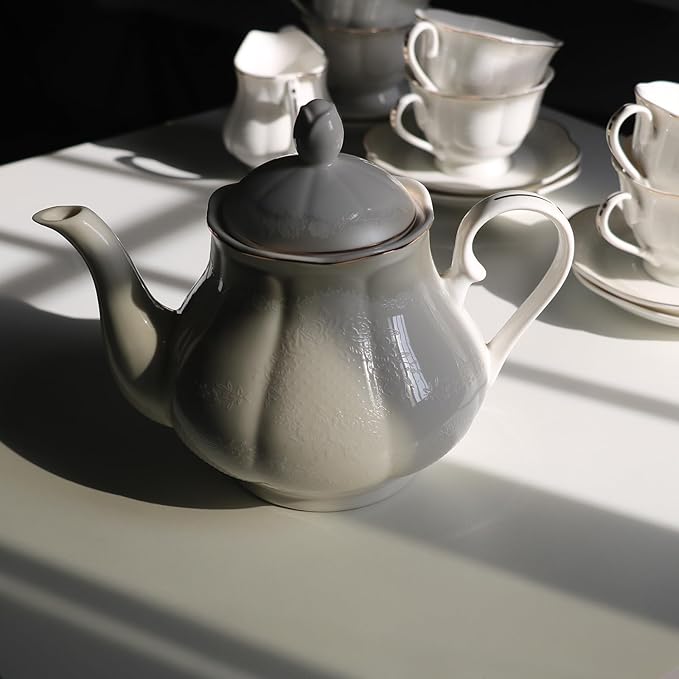 GuangYang 15-pcs Porcelain Tea sets for Adults, Off White Embossed Pattern with Gold Trim (A set Included 1 Teapot, 1 Sugar Bowl, 1 Cream Pitcher, 6 Cups and 6 Saucers) - Bloomnest