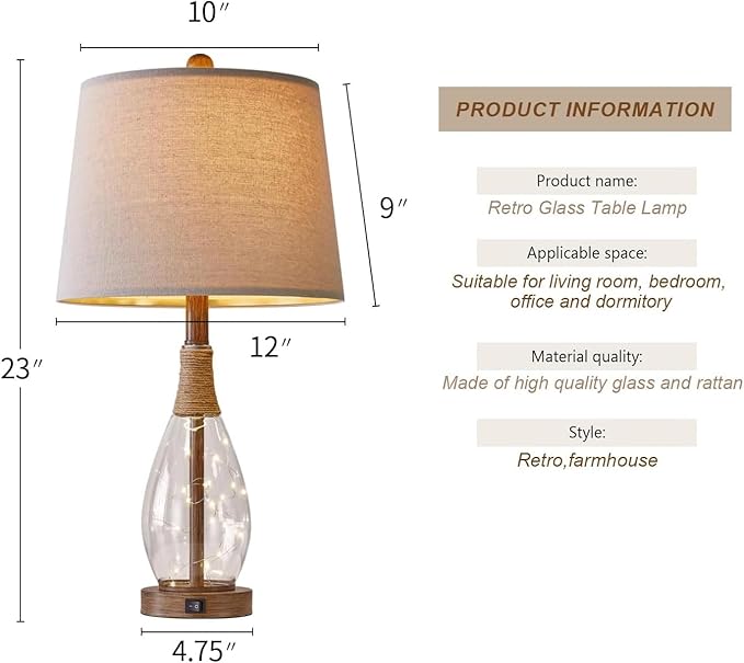 OYEARS 23" USB A+C Table Lamp for Bedroom Living Room Modern Bedside Lamps Retro Farmhouse Rattan Glass Nightstand Nightlight Lamps,Two Light Points - Bloomnest