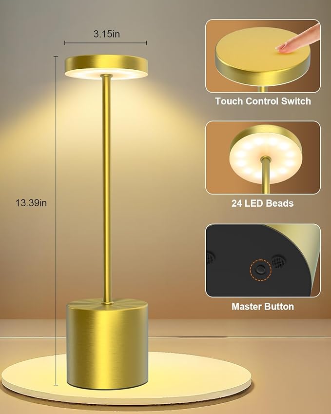 Cordless Table Lamps Rechargeable Set of 2, Portable LED Desk Lamp, 5000mAh Battery Powered Wireless Table Light - 3 Color Dimmable Lighting for Restaurant Dining Patio Outdoor Bedroom(Gold) - Bloomnest